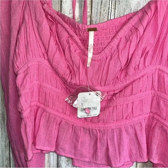 NWT Free People Chloe Pink Smocked Tie Back Blouse - Picture 5 of 7